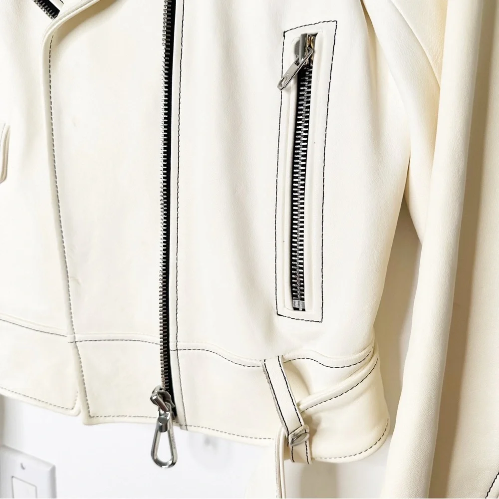 Sandro Edwin White Sheep Leather Cropped Motorcycle Jacket A1A Moto Size Small/6 - Picture 11 of 15